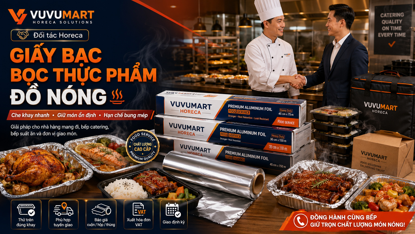 Màng nhôm 45cm cho khách sạn chọn cuộn theo khay, buffet và bếp tiệc