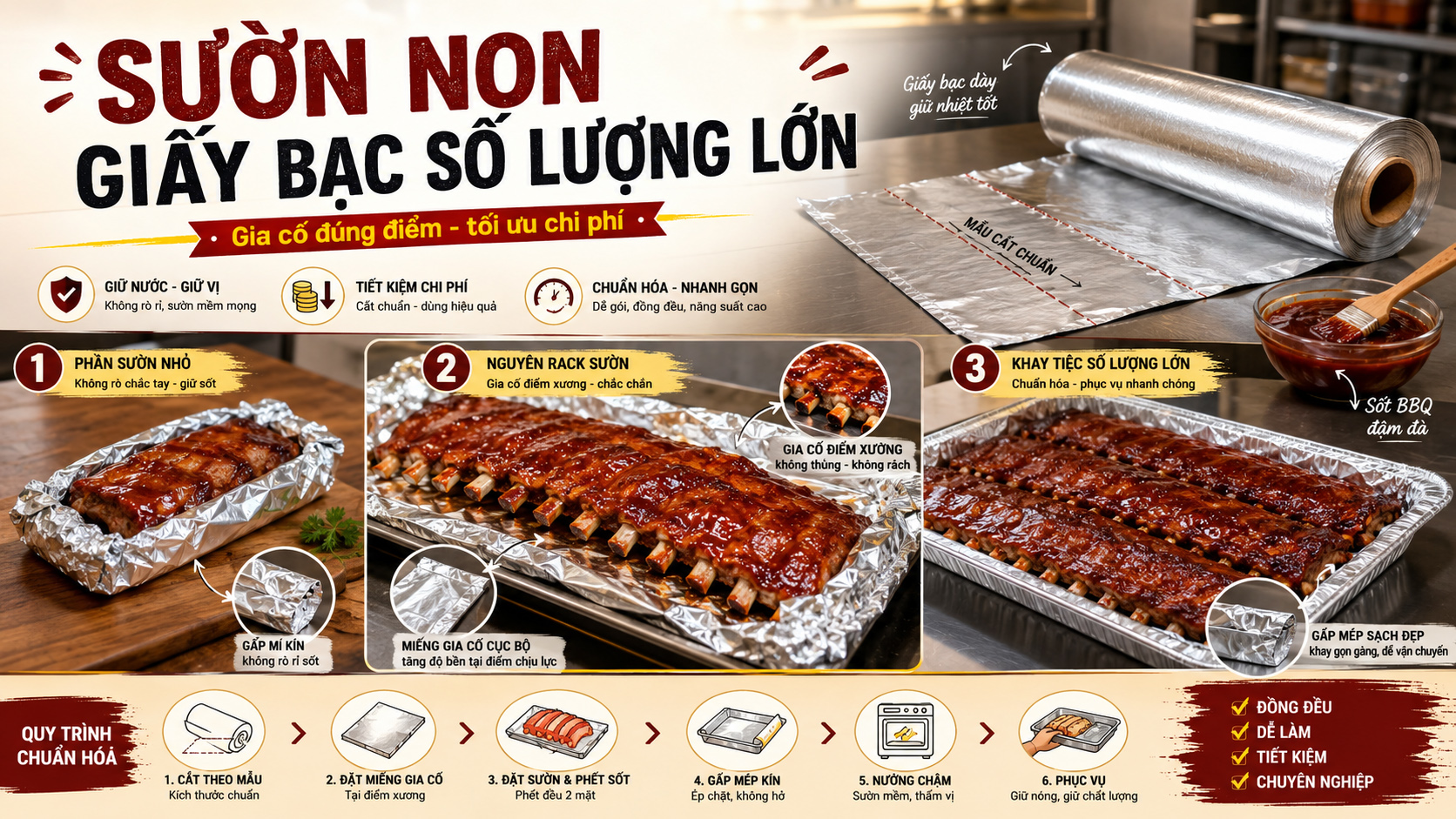 Sườn non nướng giấy bạc số lượng lớn: giảm thủng và chuẩn hóa từng phần 3 Sườn non nướng giấy bạc số lượng lớn giảm thủng và chuẩn hóa từng phần