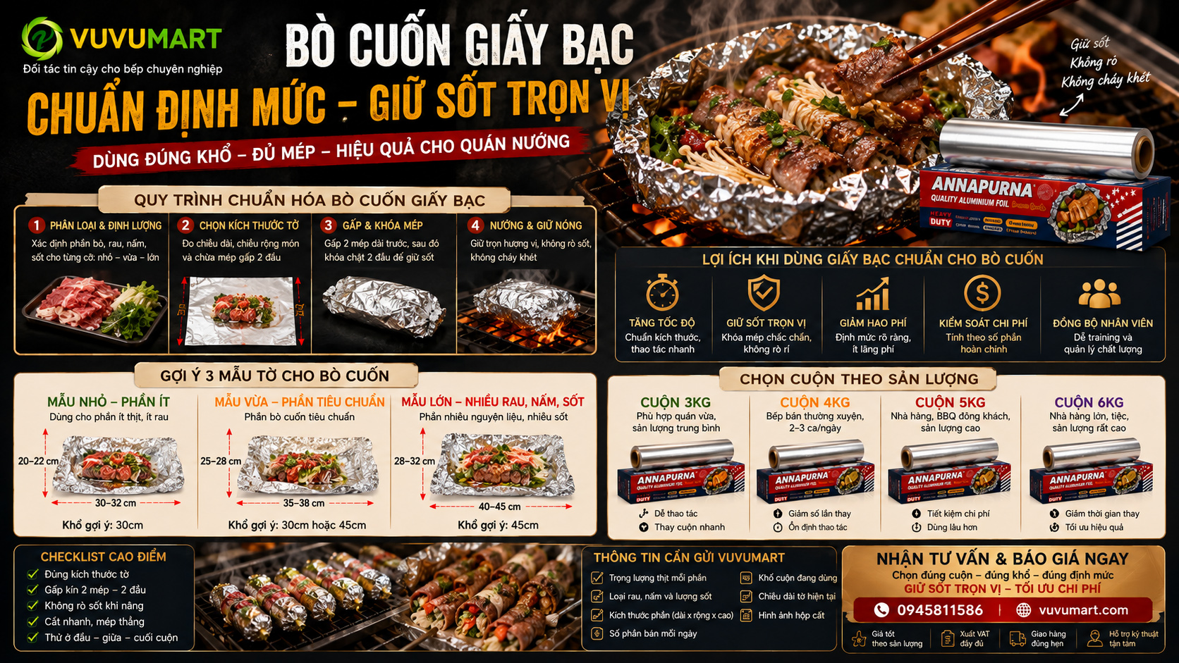 Bò cuốn giấy bạc cho quán nướng chuẩn hóa phần thịt, sốt và kích thước tờ