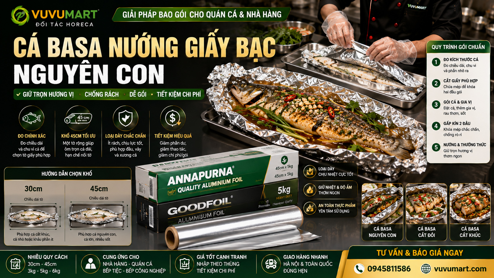 Cá basa nướng giấy bạc nguyên con đo cá trước khi chọn cuộn cho nhà hàng