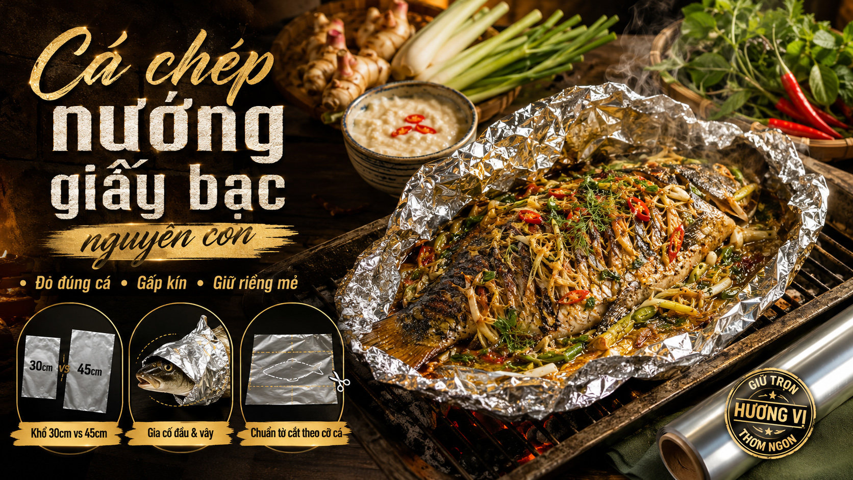 Cá chép nướng giấy bạc nguyên con chọn khổ rộng và giảm số lần nối giấy