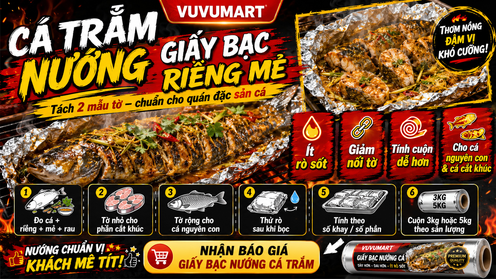 Cá trắm nướng giấy bạc riềng mẻ chọn cuộn theo cá nguyên con hoặc cắt khúc