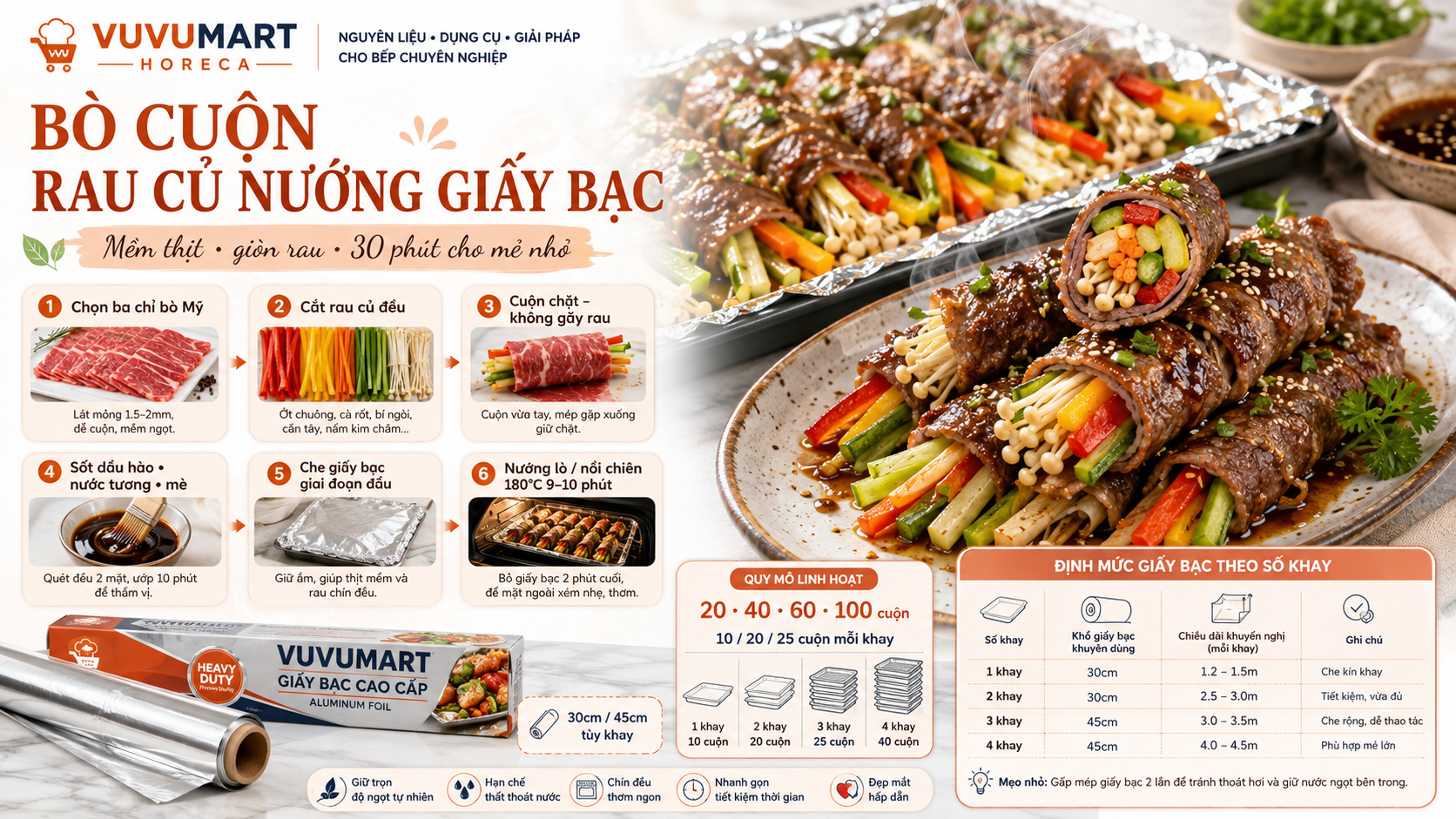 Cách làm bò cuộn rau củ nướng giấy bạc mềm ngọt, đẹp mắt trong 30 phút 3 Cách làm bò cuộn rau củ nướng giấy bạc mềm ngọt, đẹp mắt trong 30 phút