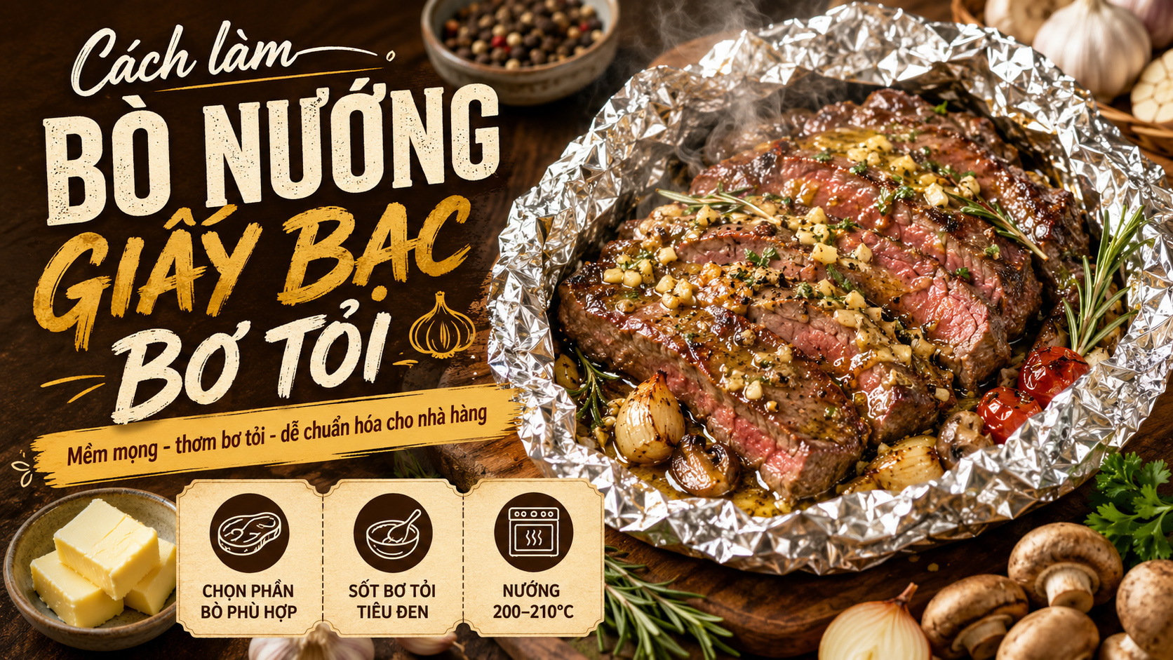 Cách làm bò nướng giấy bạc bơ tỏi mềm mọng theo phong cách nhà hàng