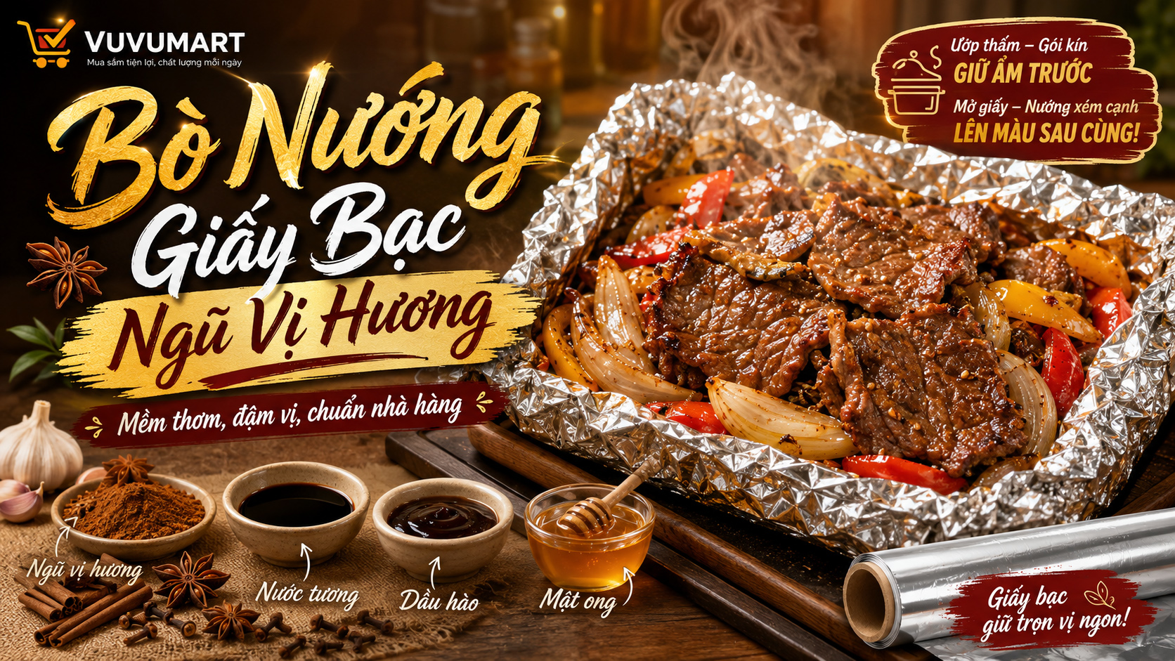 Cách làm bò nướng giấy bạc ngũ vị hương mềm thơm, thấm đều từng miếng 3 Cách làm bò nướng giấy bạc ngũ vị hương mềm thơm, thấm đều từng miếng