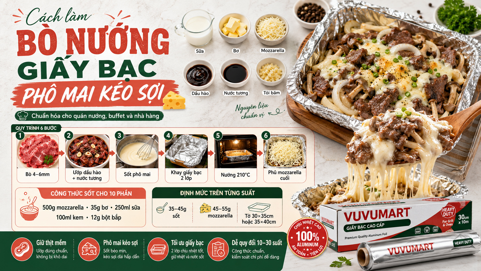 Cách làm bò nướng giấy bạc phô mai kéo sợi béo mềm, thơm ngậy