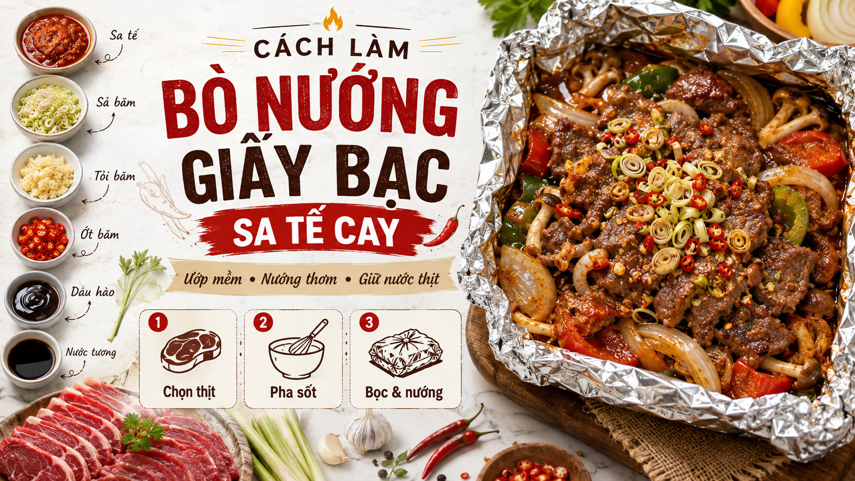 Cách làm bò nướng giấy bạc sa tế cay thơm, mềm ngon như nhà hàng