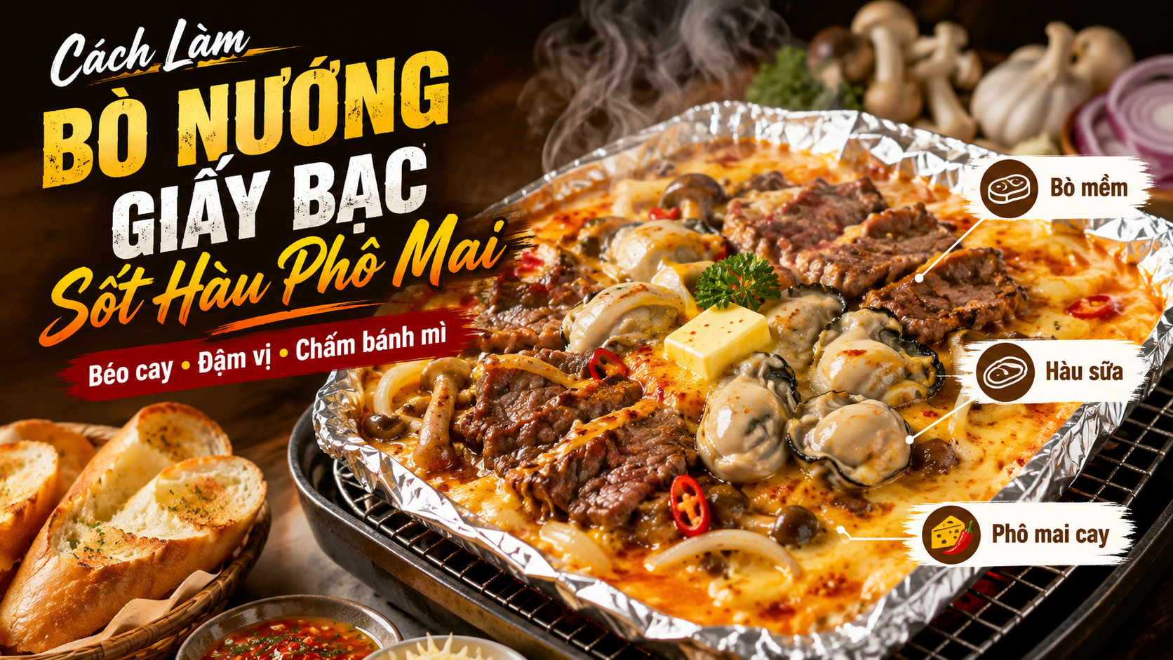 Cách làm bò nướng giấy bạc sốt hàu phô mai béo cay, chấm bánh mì cực cuốn 3 Cách làm bò nướng giấy bạc sốt hàu phô mai béo cay, chấm bánh mì cực cuốn