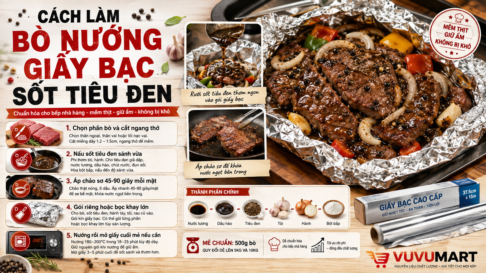 Cách làm bò nướng giấy bạc sốt tiêu đen mềm mọng, đậm vị như nhà hàng