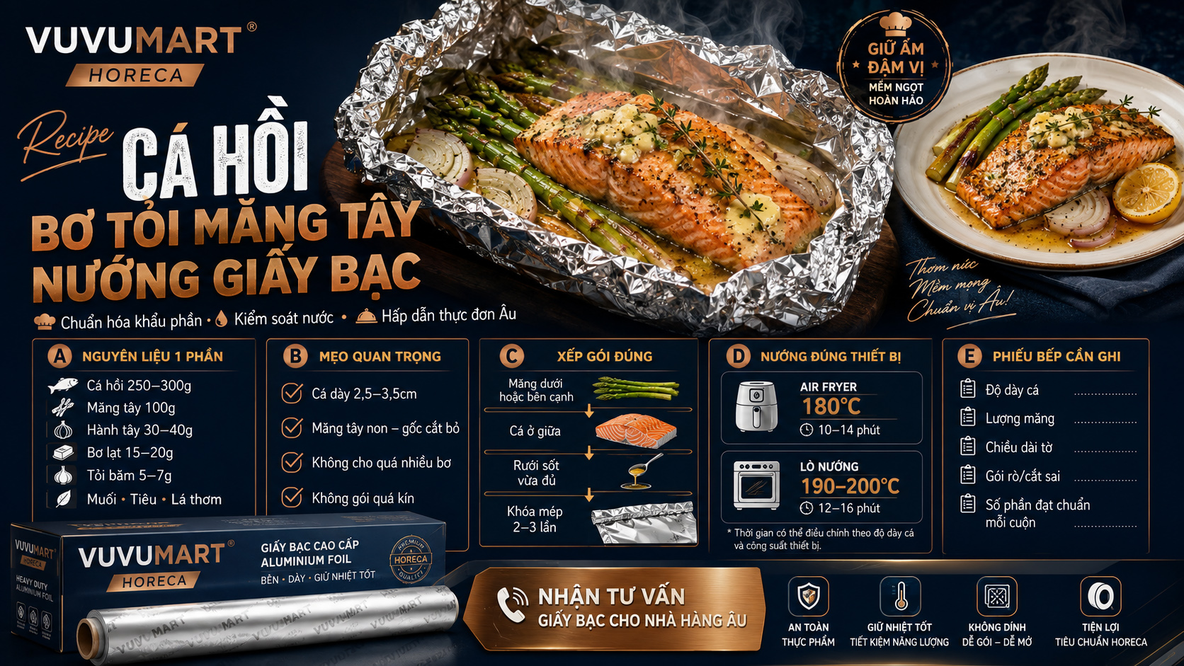 Cách làm cá hồi nướng giấy bạc măng tây thơm béo bằng nồi chiên không dầu