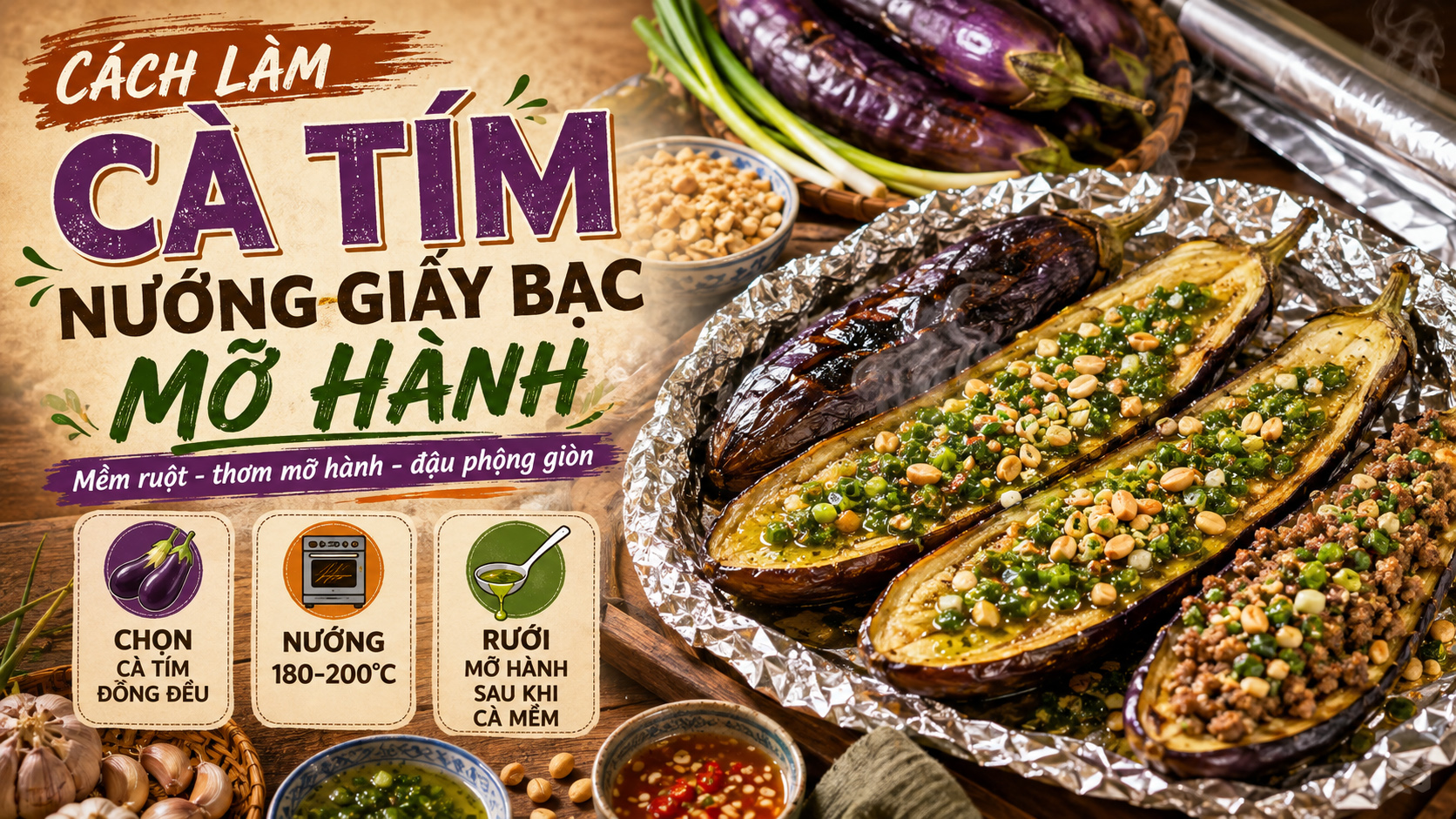 Cách làm cà tím nướng giấy bạc mỡ hành mềm thơm, không bị khô