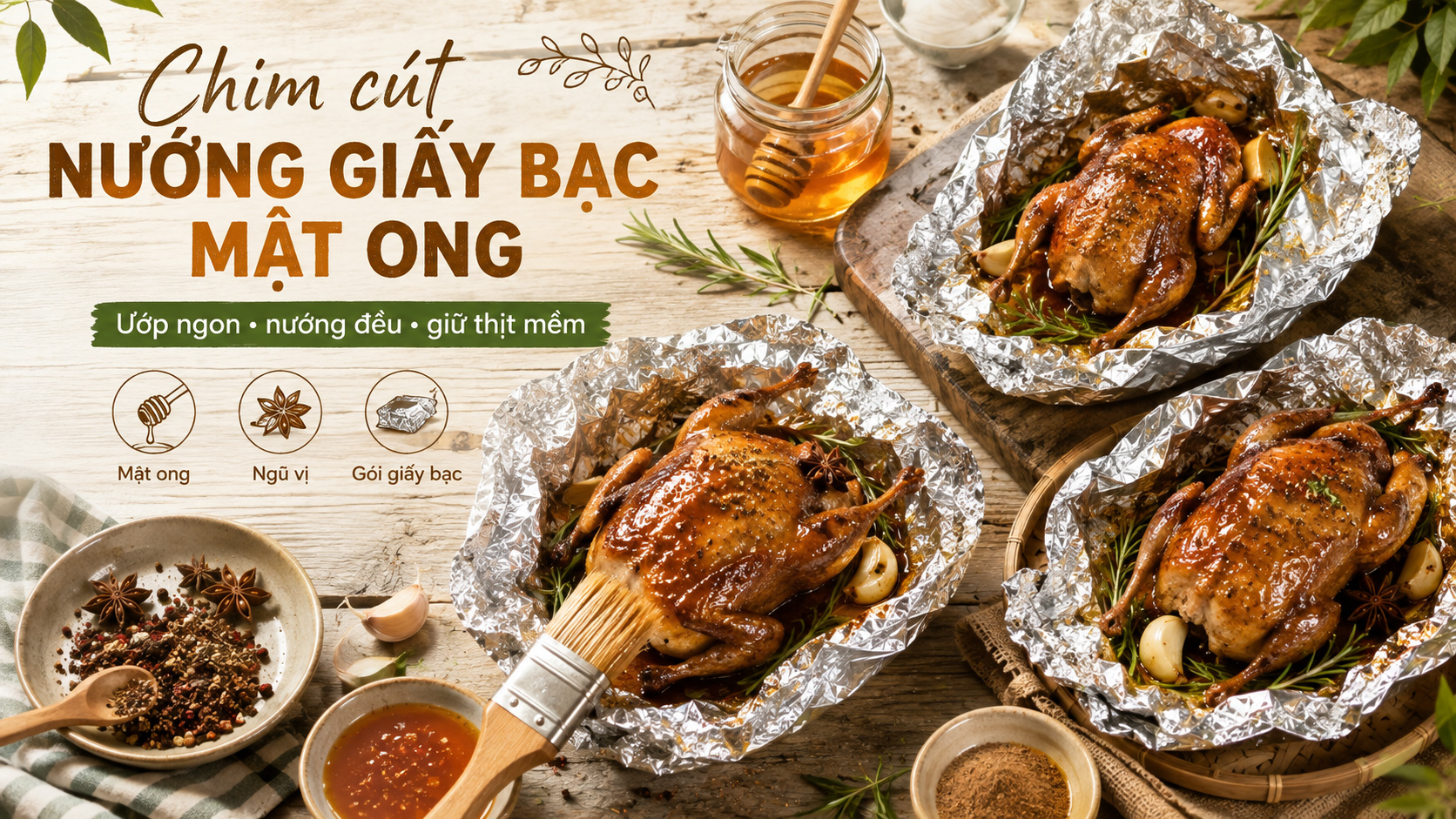 Cách làm chim cút nướng giấy bạc mật ong vàng thơm cho nhà hàng