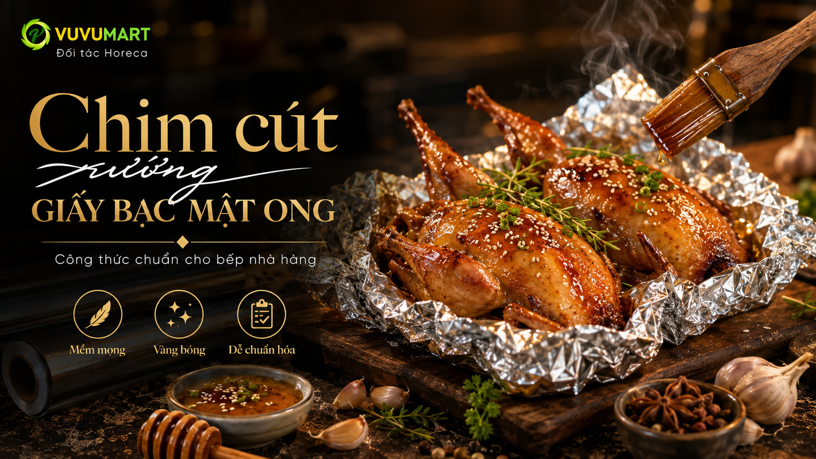 Cách làm chim cút nướng giấy bạc mật ong vàng thơm cho nhà hàng