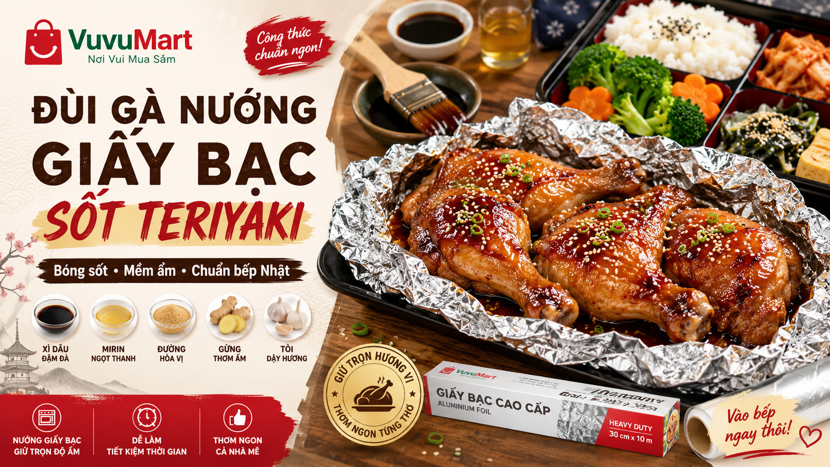 Cách làm đùi gà nướng giấy bạc sốt teriyaki bóng mềm, chuẩn vị Nhật