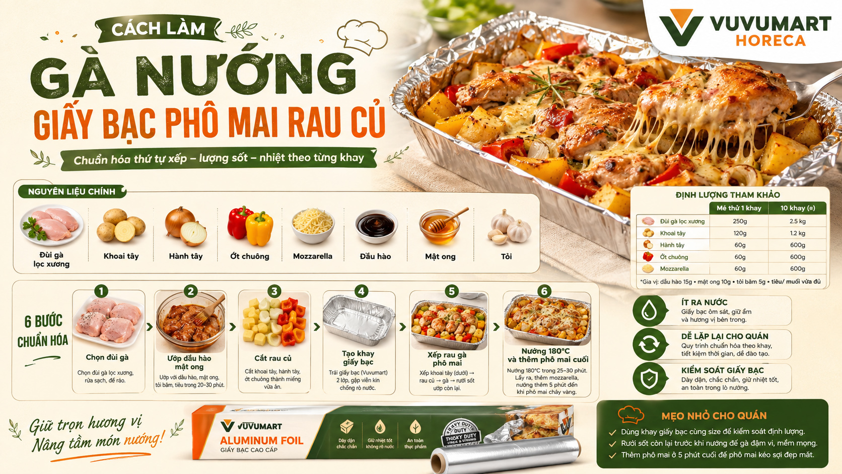 Cách làm gà nướng giấy bạc phô mai rau củ béo thơm, kéo sợi hấp dẫn