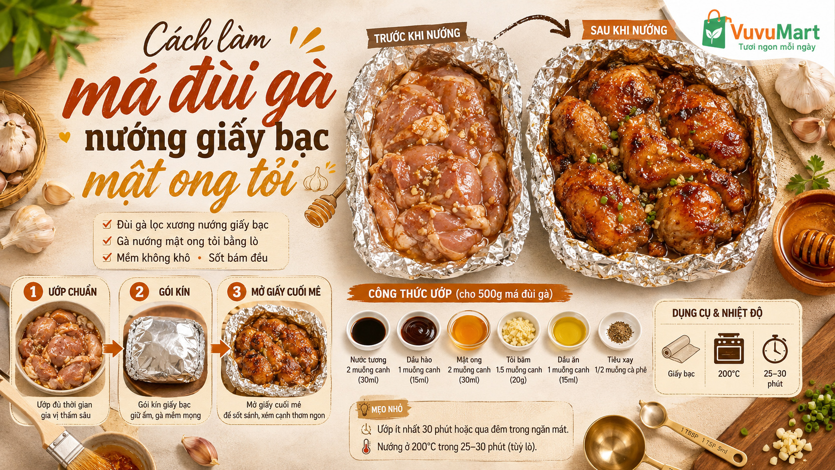 Cách làm má đùi gà nướng giấy bạc mật ong tỏi mềm mọng, vàng óng