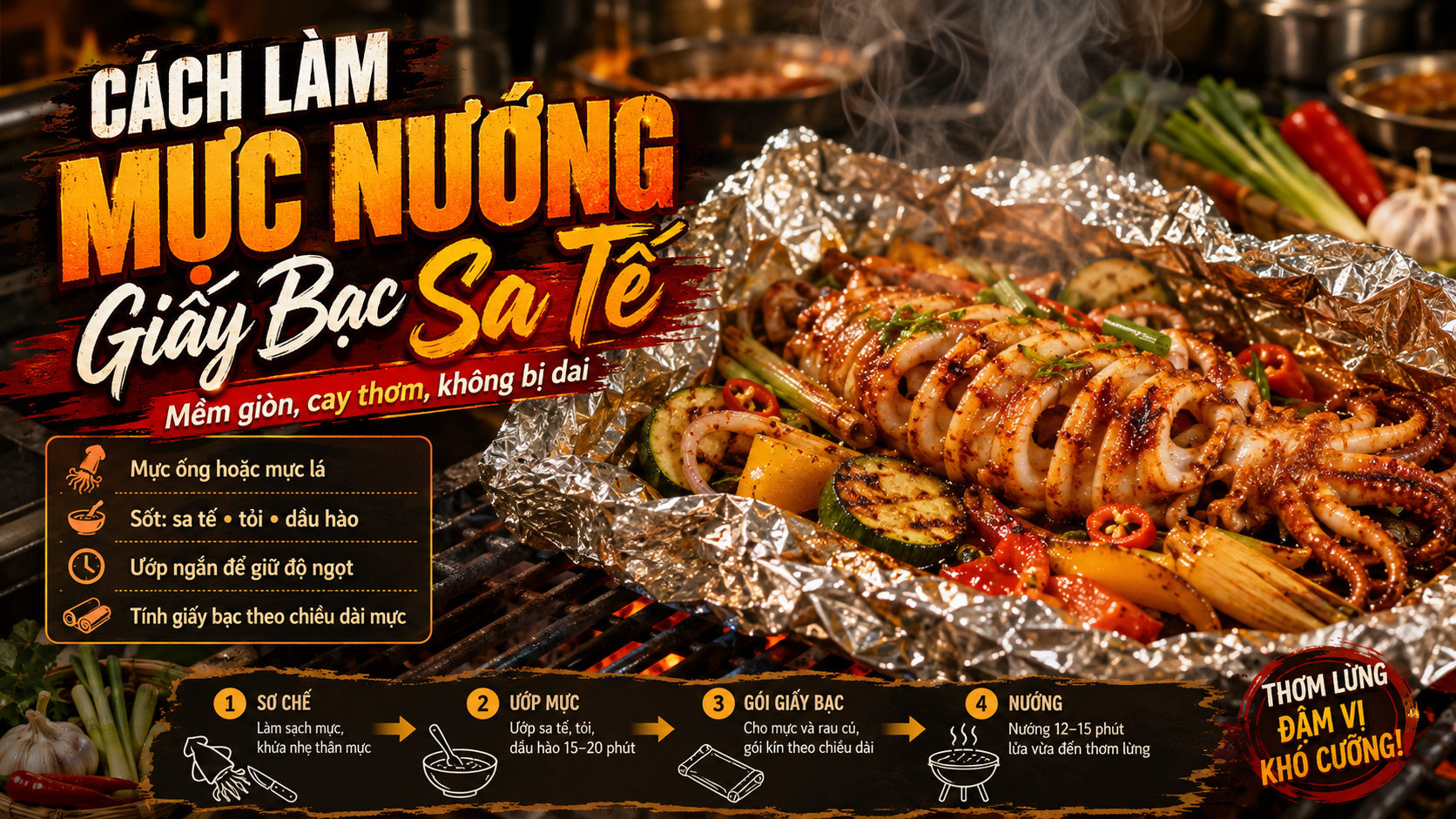 Cách làm mực nướng giấy bạc sa tế cay thơm, mực giòn không bị dai