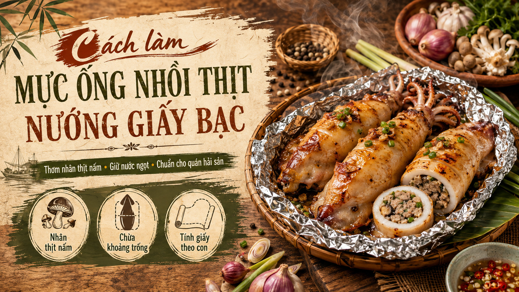 Cách làm mực ống nhồi thịt nướng giấy bạc dai ngọt, nhân không bị khô 2 Cách làm mực ống nhồi thịt nướng giấy bạc dai ngọt, nhân không bị khô