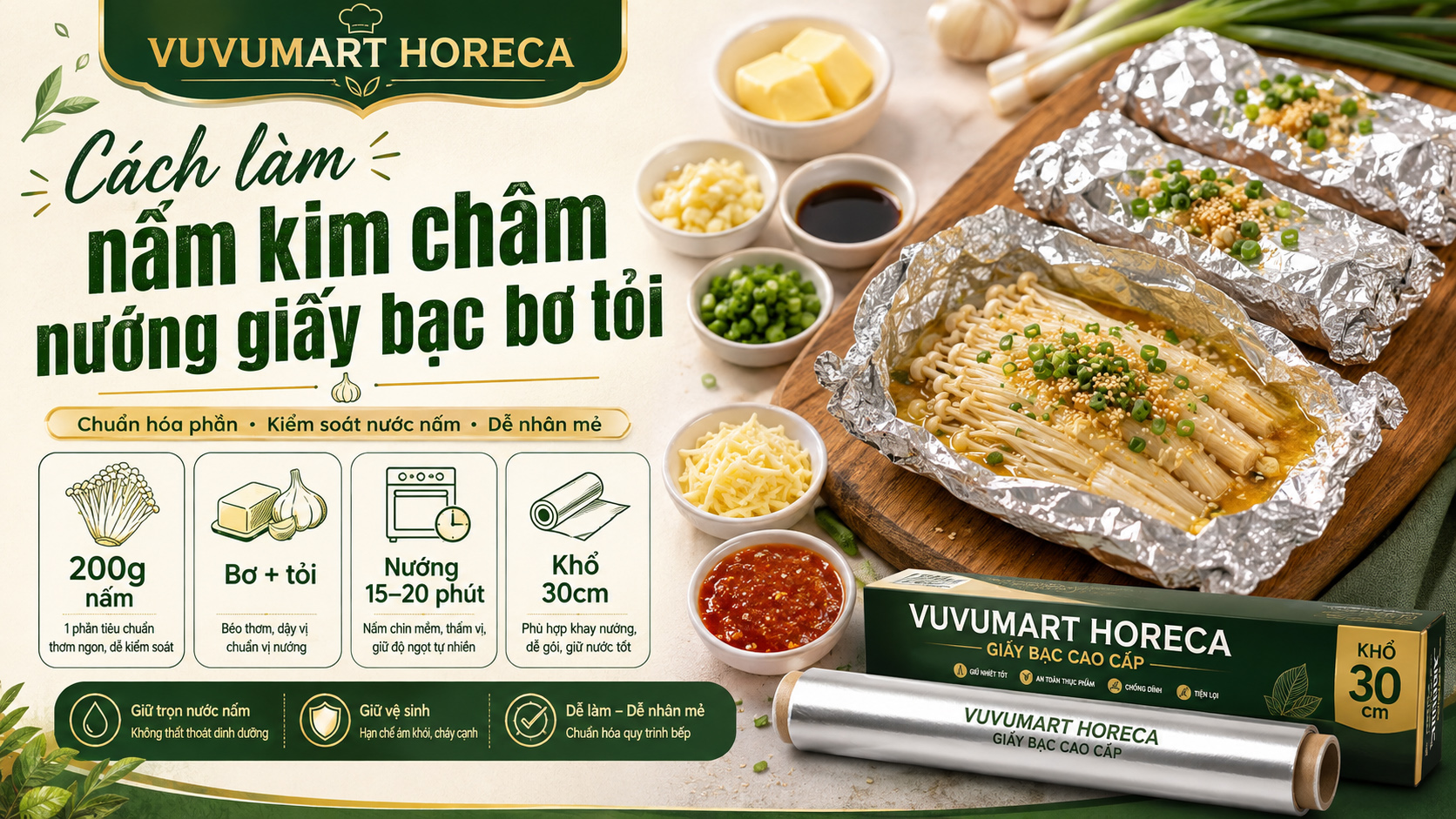 Cách làm nấm kim châm nướng giấy bạc bơ tỏi thơm béo, dễ bán tại quán