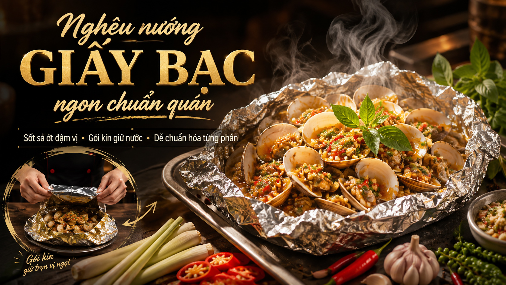 Cách làm nghêu nướng giấy bạc sả ớt thơm cay, giữ nước ngọt trong gói