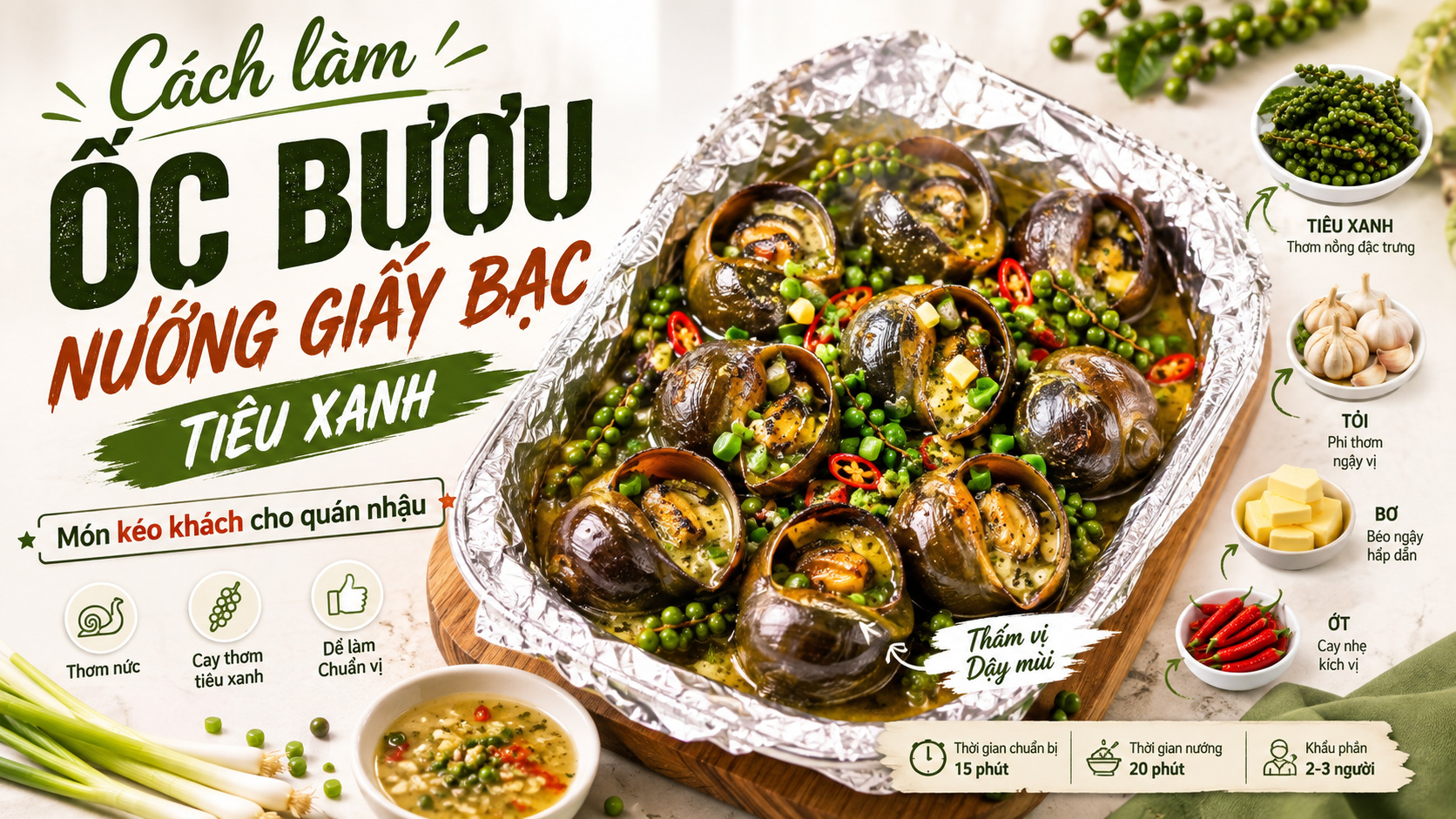 Cách làm ốc bươu nướng giấy bạc tiêu xanh đậm vị cho quán nhậu