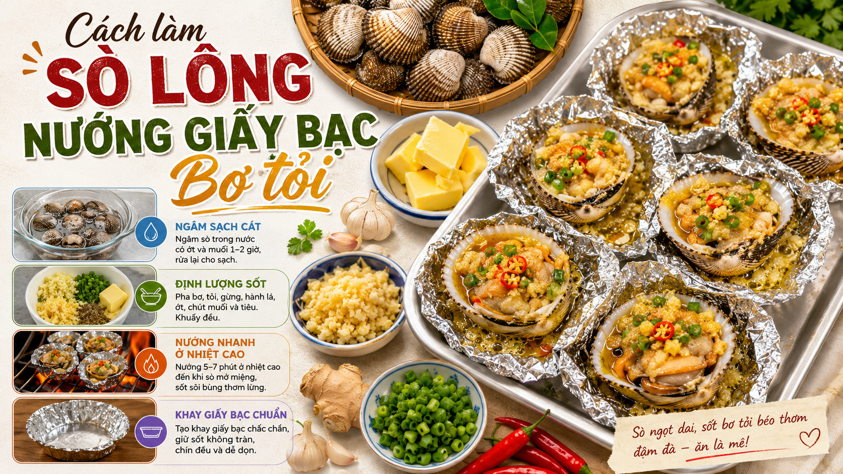 Cách làm sò lông nướng giấy bạc bơ tỏi ngon như nhà hàng trong 5 bước