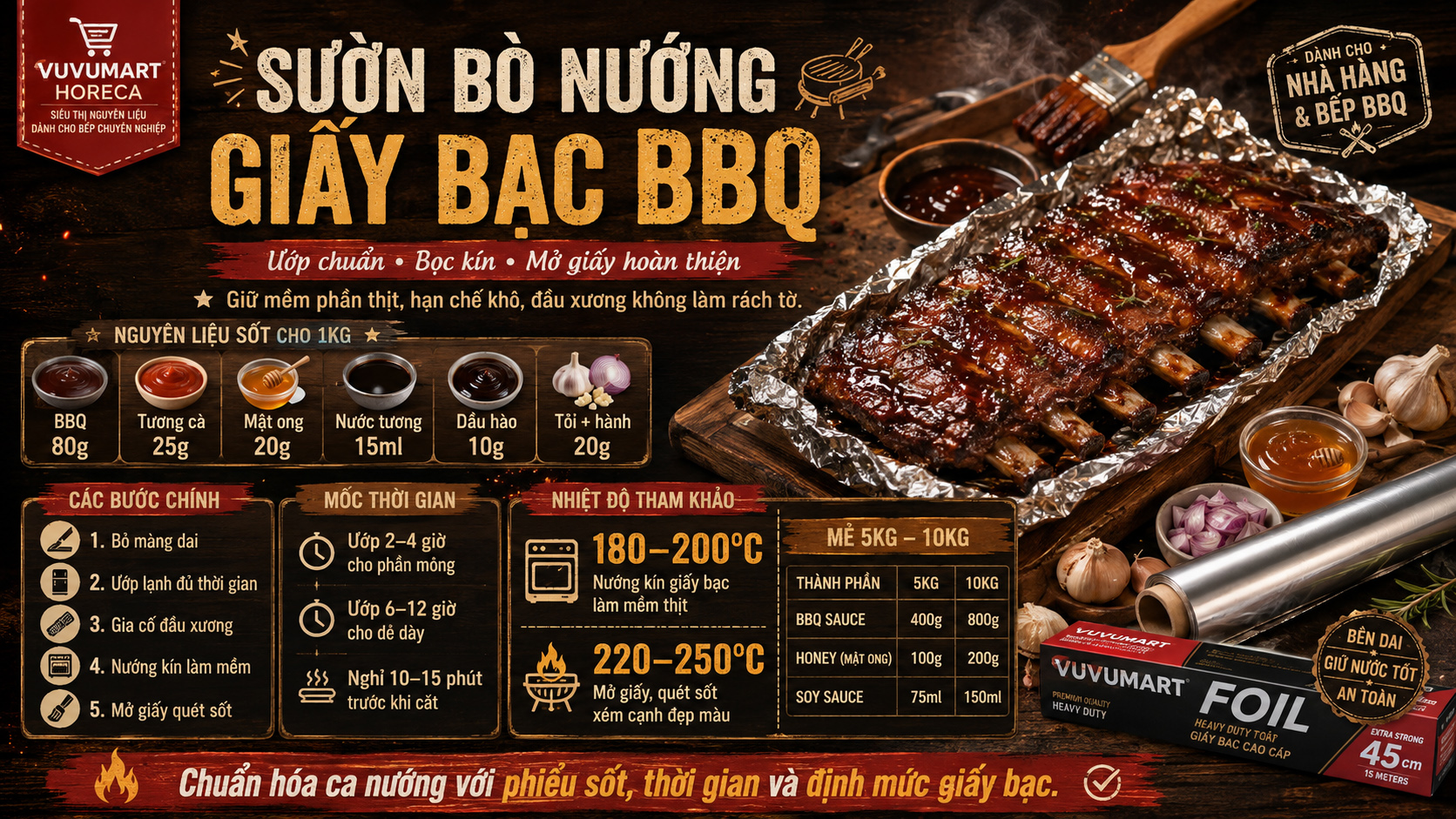 Cách làm sườn bò nướng giấy bạc sốt BBQ mềm mọng, không bị khô