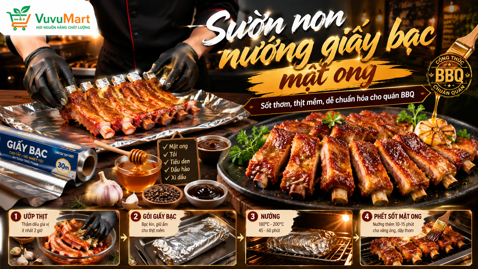 Cách làm sườn heo nướng giấy bạc mật ong mềm rục, sốt bóng đậm vị 2 Cách làm sườn heo nướng giấy bạc mật ong mềm rục, sốt bóng đậm vị