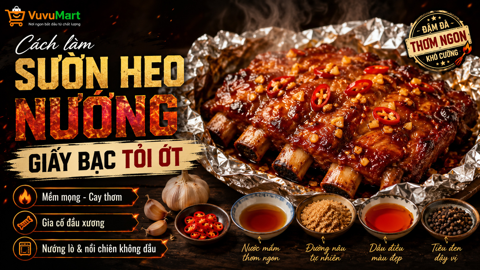 Cách làm sườn heo nướng giấy bạc tỏi ớt mềm mọng, cay thơm không khét