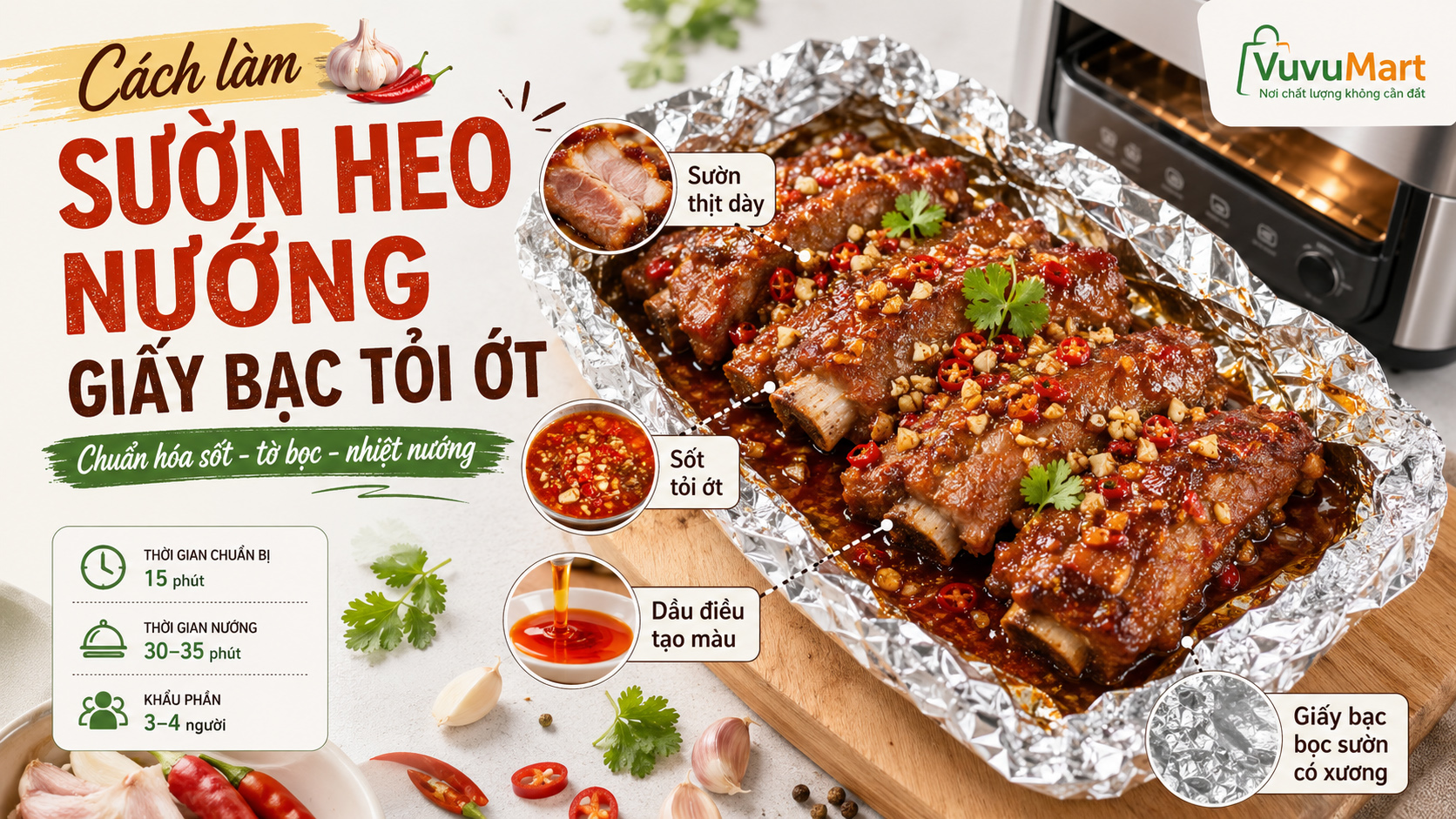 Cách làm sườn heo nướng giấy bạc tỏi ớt mềm mọng, cay thơm không khét