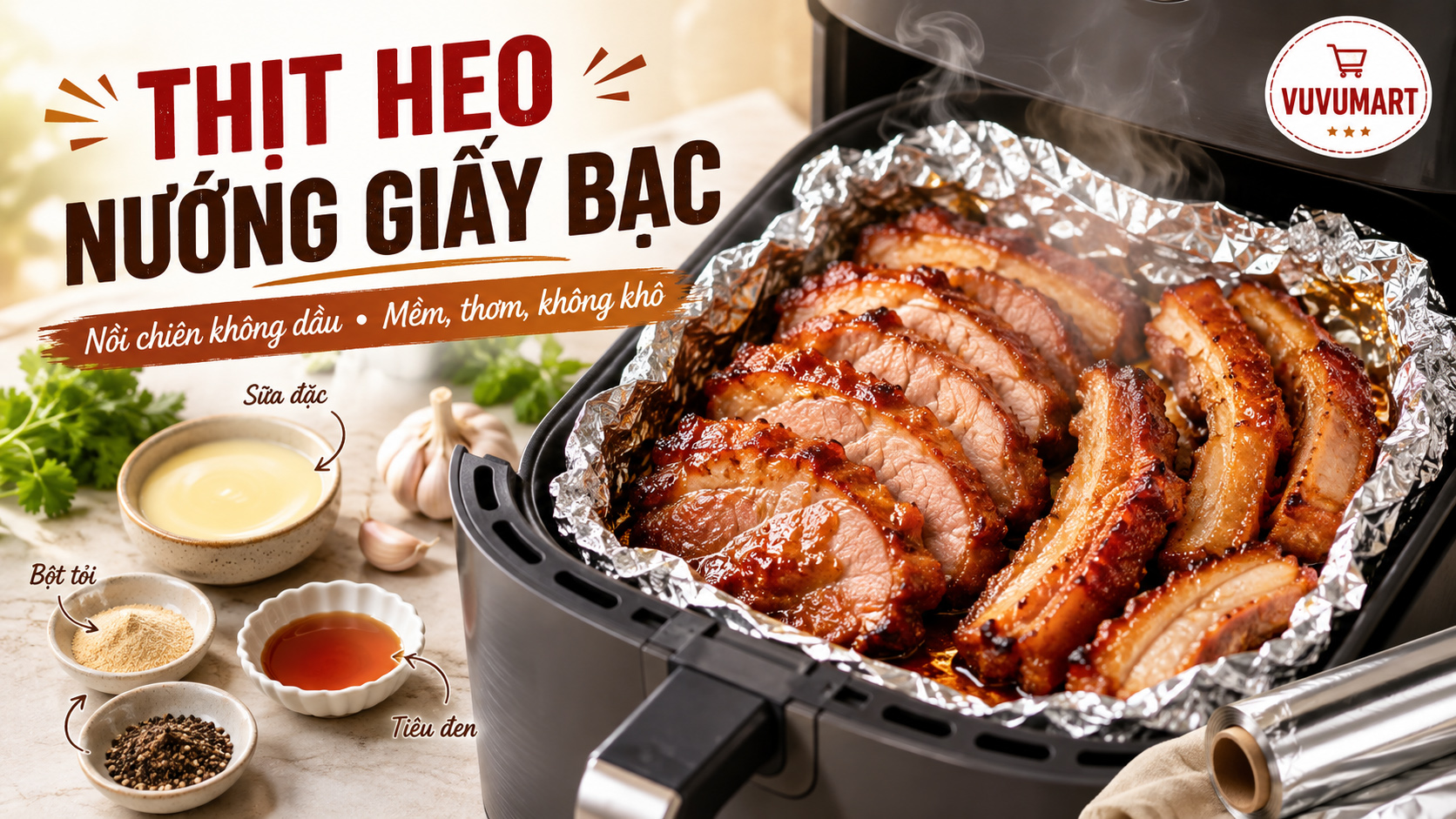 Cách làm thịt heo nướng giấy bạc bằng nồi chiên không dầu mềm thơm, không khô 4 Cách làm thịt heo nướng giấy bạc bằng nồi chiên không dầu mềm thơm, không khô