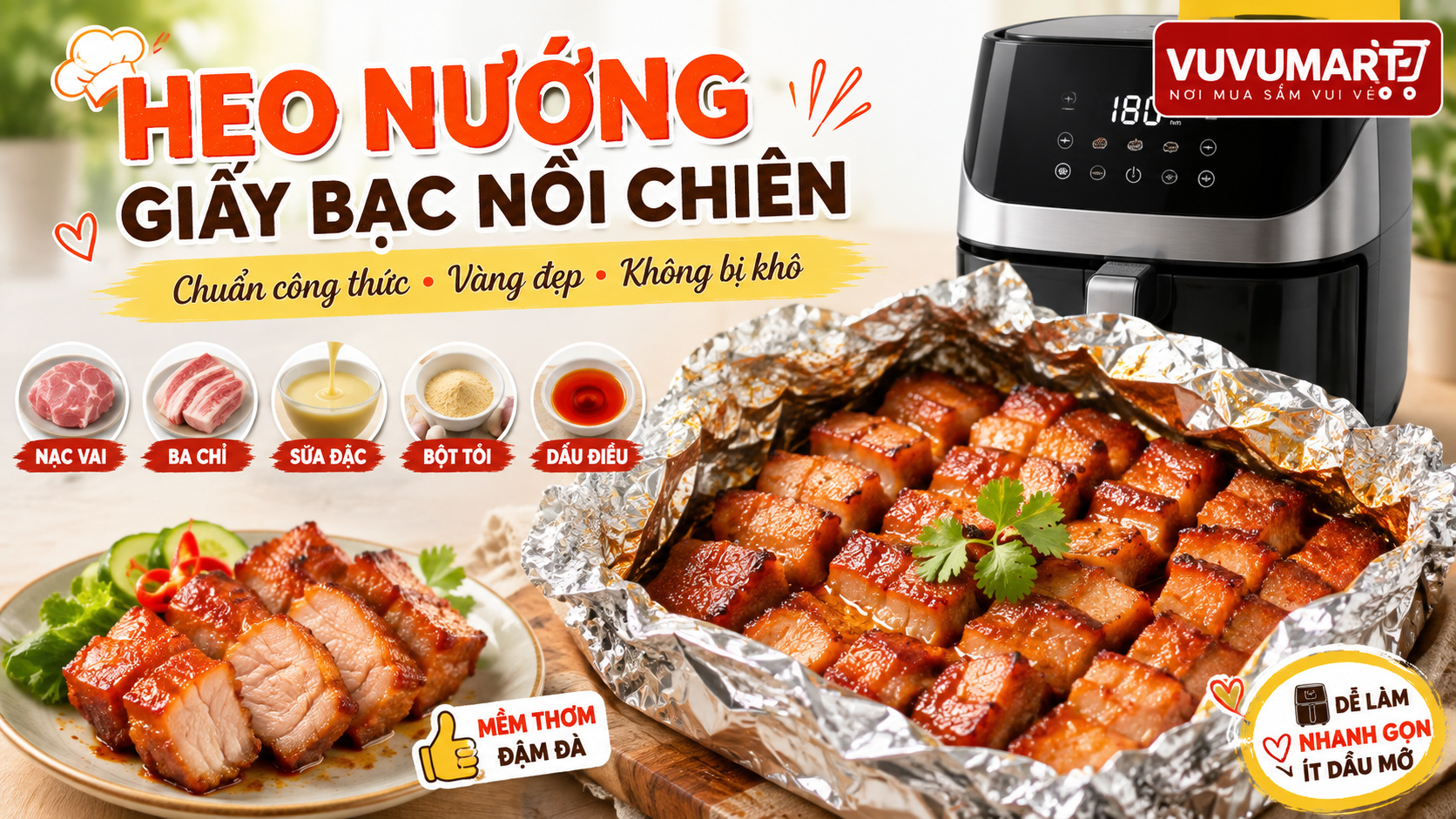 Cách làm thịt heo nướng giấy bạc bằng nồi chiên không dầu mềm thơm, không khô 3 Cách làm thịt heo nướng giấy bạc bằng nồi chiên không dầu mềm thơm, không khô