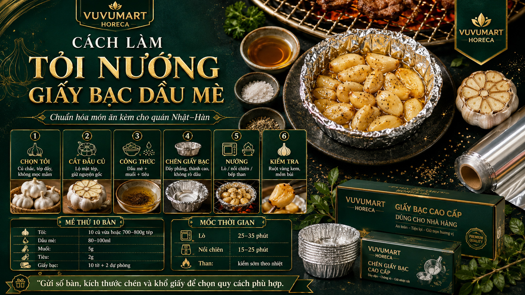 Cách làm tỏi nướng giấy bạc dầu mè mềm bùi, thơm lừng cho quán BBQ