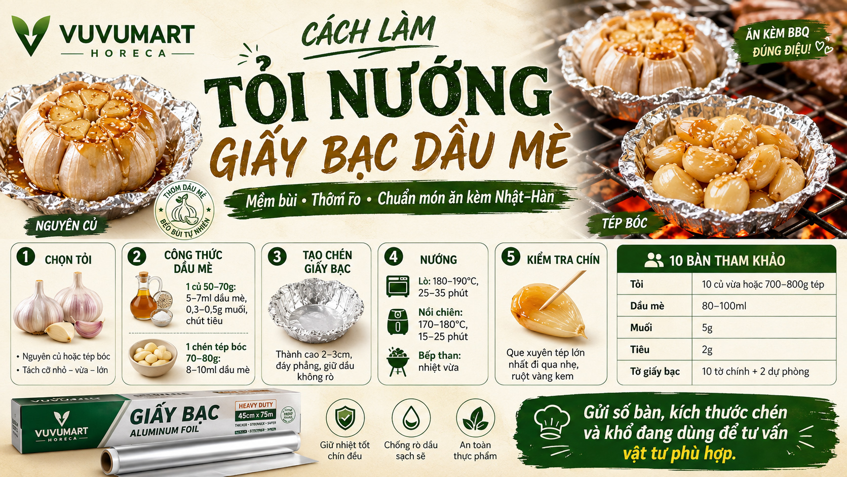 Cách làm tỏi nướng giấy bạc dầu mè mềm bùi, thơm lừng cho quán BBQ 3 Cách làm tỏi nướng giấy bạc dầu mè mềm bùi, thơm lừng cho quán BBQ