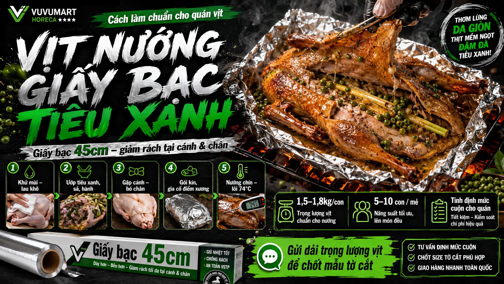 Cách làm vịt nướng giấy bạc tiêu xanh thơm cay, thịt mềm đậm vị