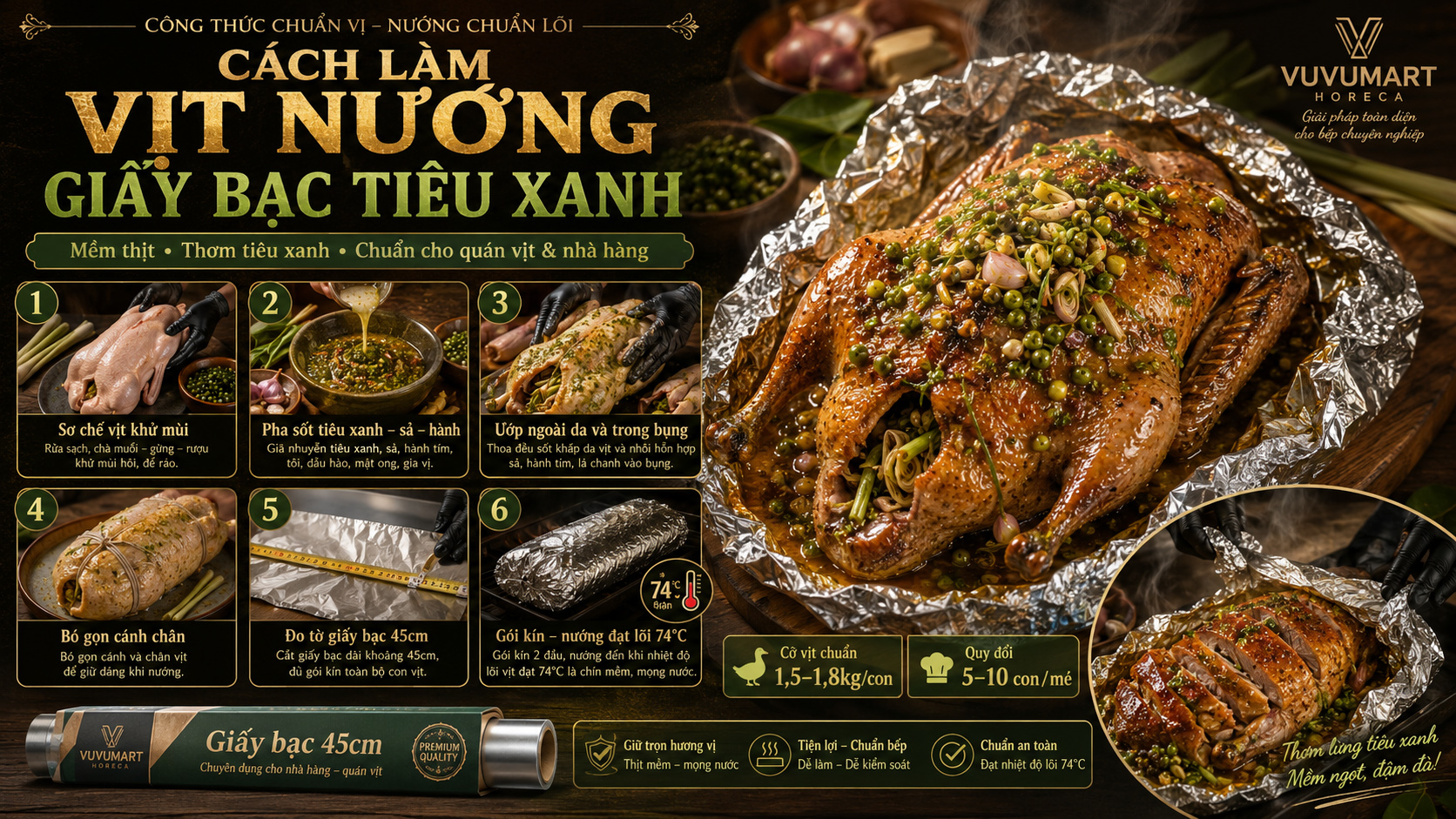 Cách làm vịt nướng giấy bạc tiêu xanh thơm cay, thịt mềm đậm vị