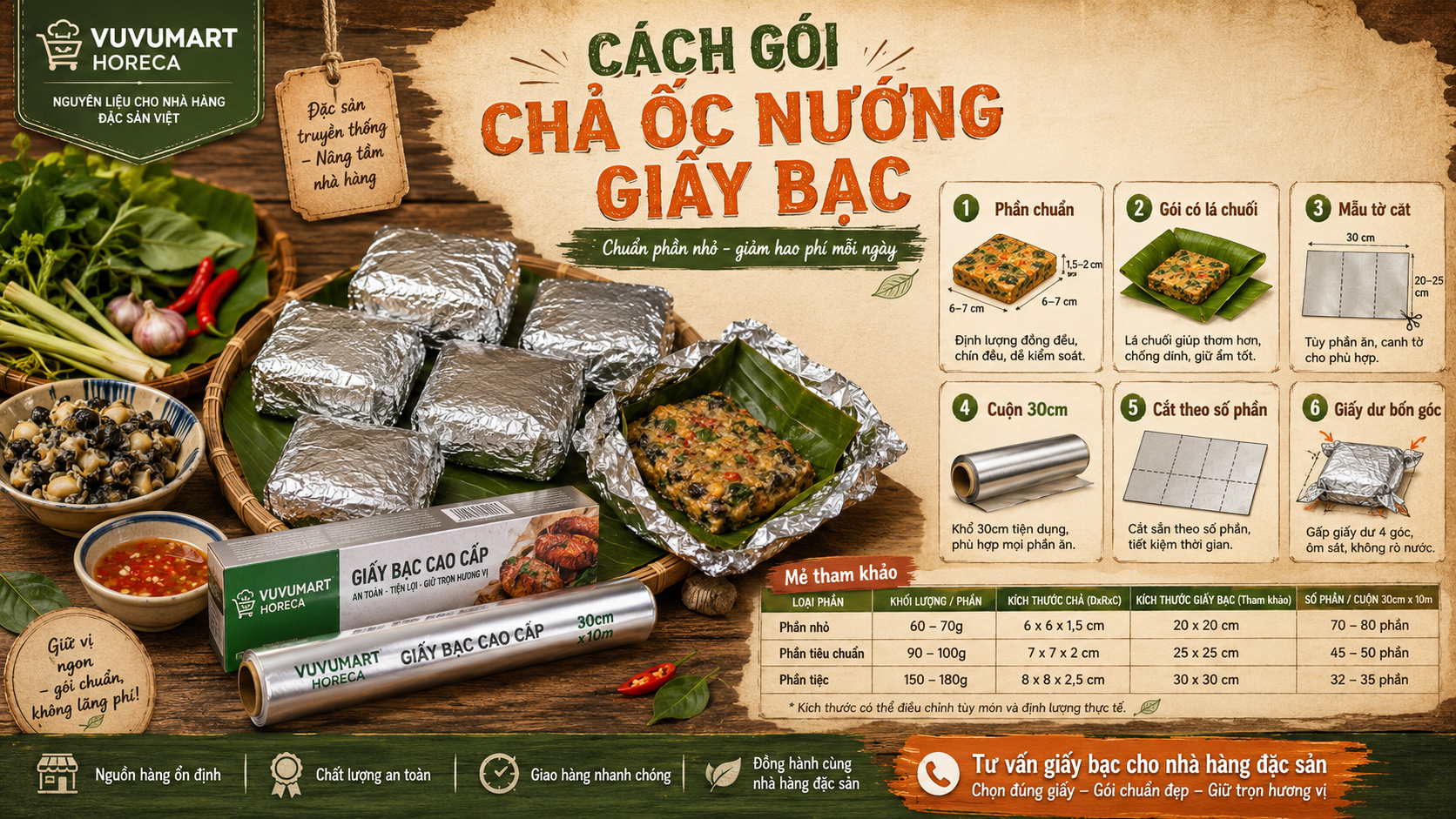 Chả ốc nướng giấy bạc cho nhà hàng chuẩn hóa gói vuông và định mức cuộn
