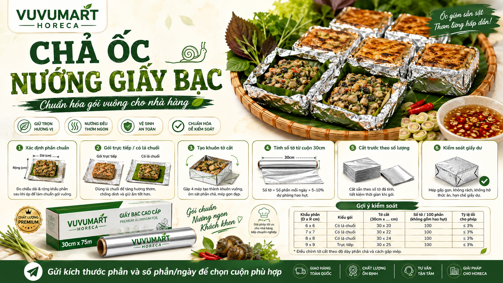 Chả ốc nướng giấy bạc cho nhà hàng chuẩn hóa gói vuông và định mức cuộn