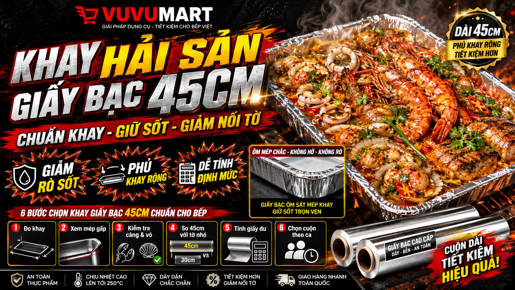 Giấy bạc bọc khay hải sản khổ 45cm: giảm nối tờ và hạn chế rò sốt 2 Giấy bạc bọc khay hải sản khổ 45cm giảm nối tờ và hạn chế rò sốt