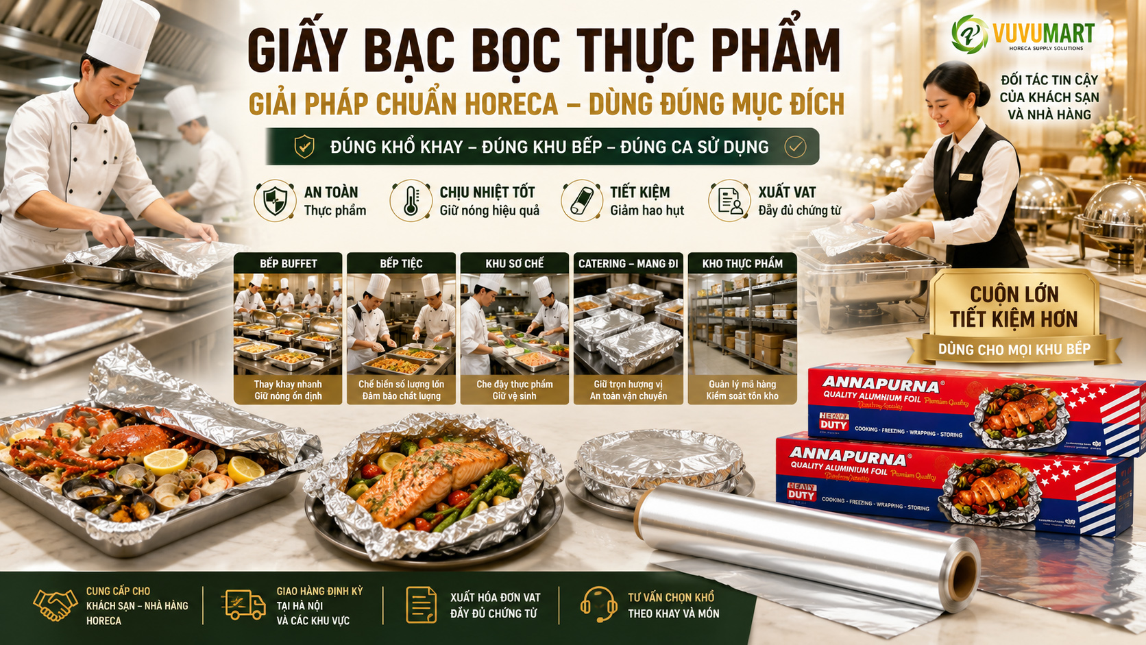 Giấy bạc bọc thực phẩm cho khách sạn: chuẩn hóa khay, món và mã cuộn 7 Giấy bạc bọc thực phẩm cho khách sạn chuẩn hóa khay, món và mã cuộn