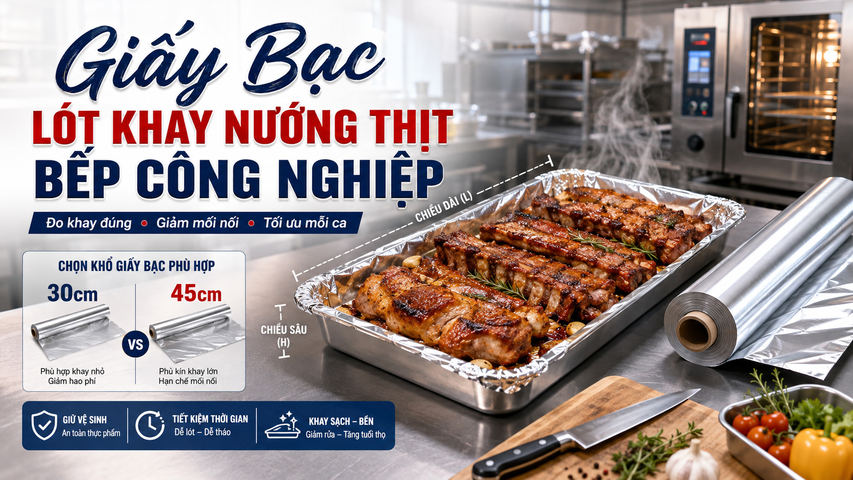 Giấy bạc lót khay nướng thịt bếp công nghiệp chọn khổ theo kích thước khay