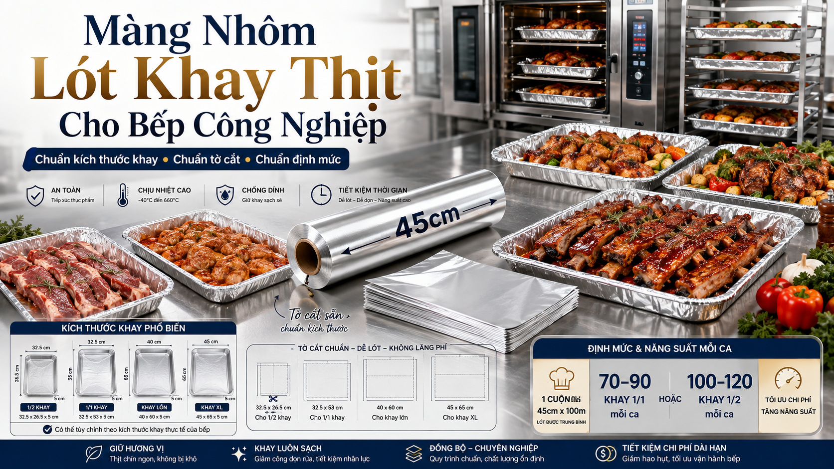 Giấy bạc lót khay nướng thịt bếp công nghiệp chọn khổ theo kích thước khay