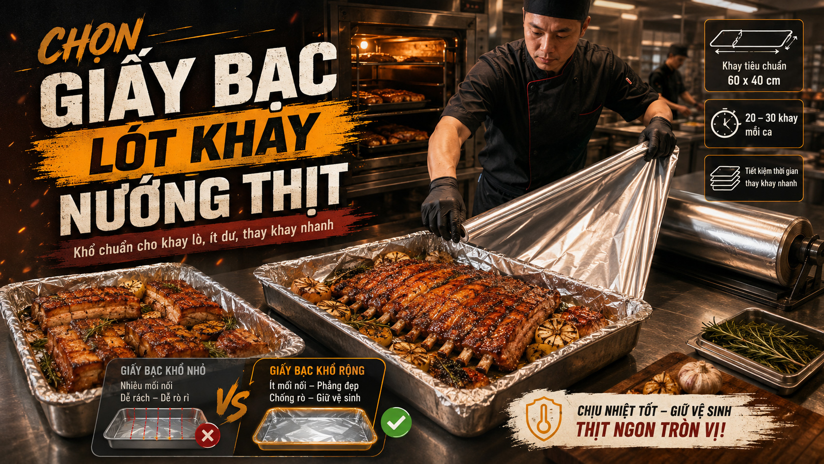 Giấy bạc lót khay nướng thịt bếp công nghiệp chọn khổ theo kích thước khay