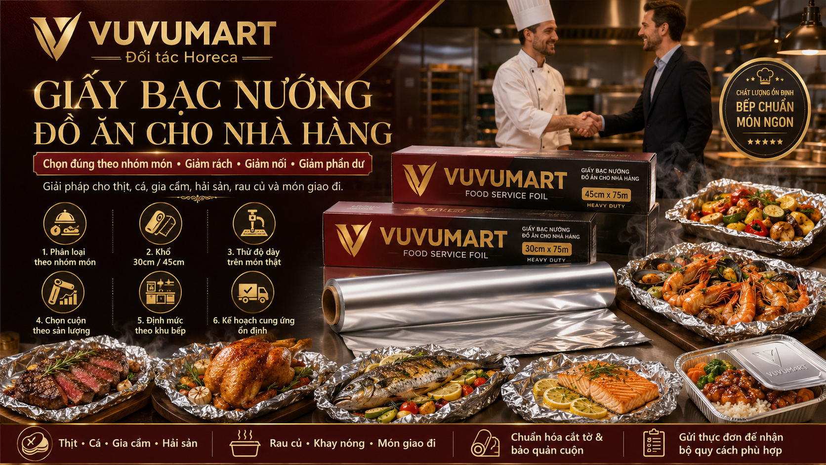 Giấy bạc nướng đồ ăn cho nhà hàng: chọn cuộn theo món và tần suất sử dụng 1 Giấy bạc nướng đồ ăn cho nhà hàng chọn cuộn theo món và tần suất sử dụng