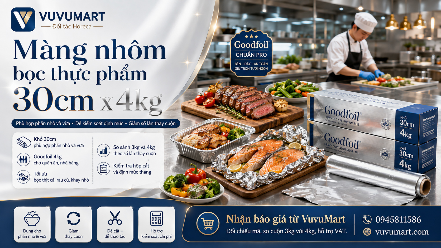 Màng nhôm bọc thực phẩm 30cm x 4kg lựa chọn cho khẩu phần nhỏ và vừa