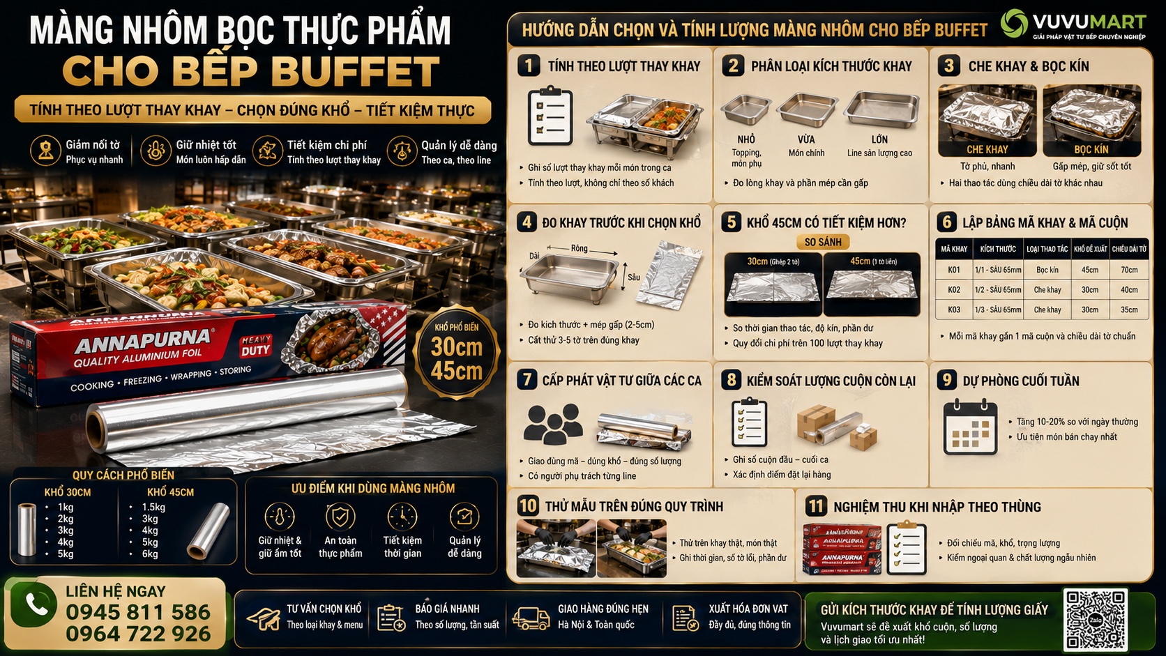 Màng nhôm bọc thực phẩm cho bếp buffet chọn khổ theo khay và lượt thay món